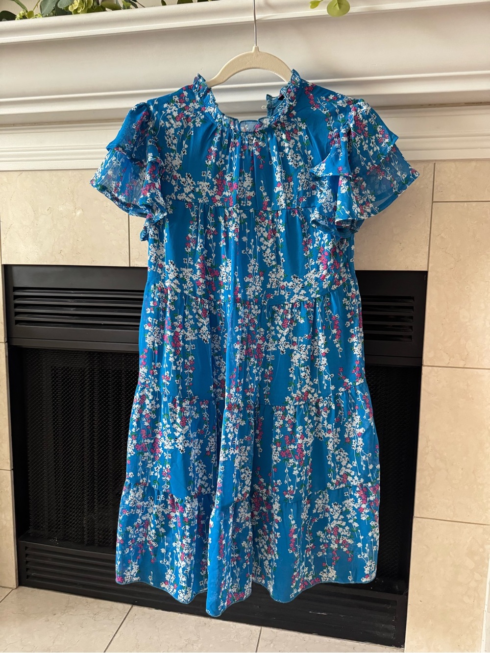 Blue Floral Ruffle-Sleeve Dress